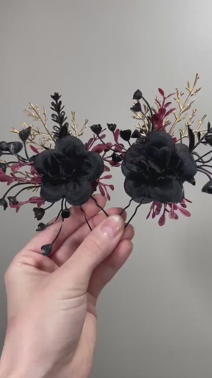 Black Hair Pin Wedding Burgundy Flower Girl Headpiece Gothic Floral Bridesmaids Hair Pin Black Accessories Hair Pin Gold Artificial Flowers