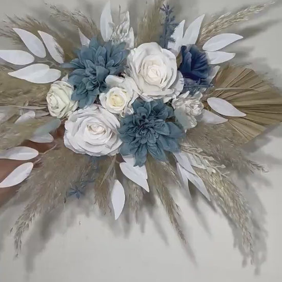 Dusty Blue Arch Arrangements Pampas Grass Palm Leave White Arch Arrangement Dusty Blue Ivory Wall Decor Dahlia Blue Swag Arch Arrangements