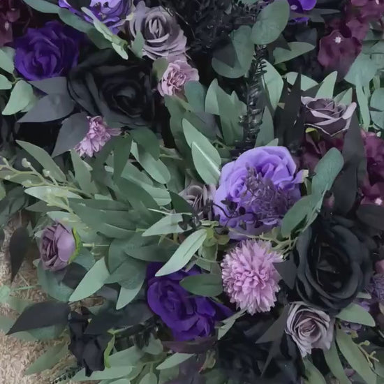 Black Purple Arch Arrangements, Wedding Plum Violet Arbor Arrangement, Sage Green Eucalyptus Floral Swag, Deep Purple Black Background