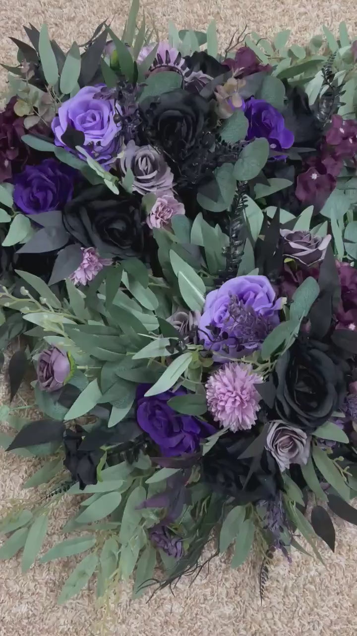 Black Purple Arch Arrangements, Wedding Plum Violet Arbor Arrangement, Sage Green Eucalyptus Floral Swag, Deep Purple Black Background