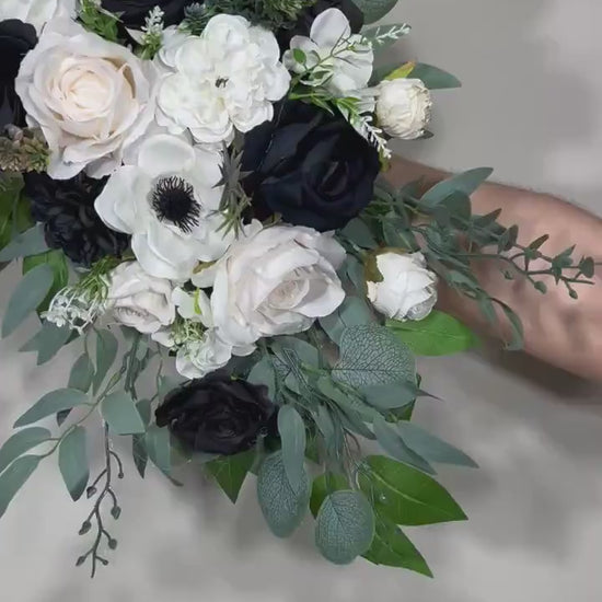 Wedding Black and White Corner Arch Arrangement Corner Anemone Arch Arrangement Ivory Black White Artificial Flower Eucalyptus Sage