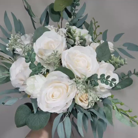 Wedding Bouquet White Bridal Ivory Bouquet Classic Sage Eucalyptus Greenery Bridesmaids Decor Bouquet White Handmade Artificial Flowers
