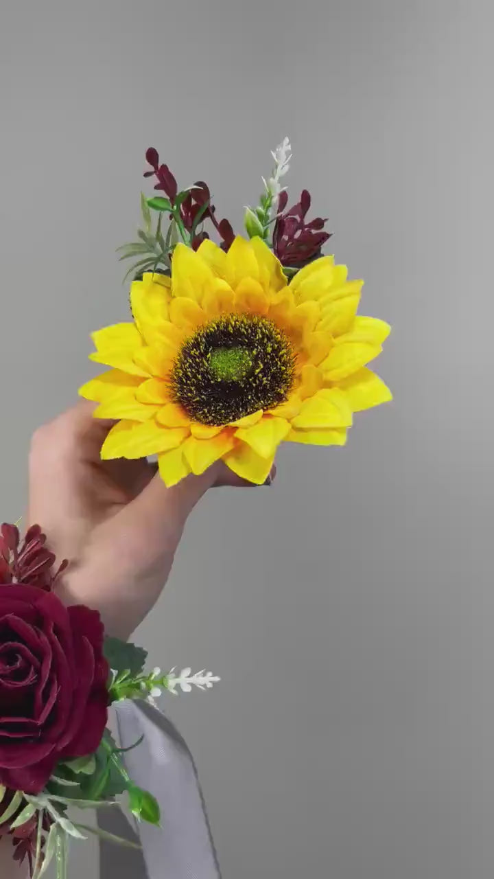 Sunflower Corsage Burgundy Wedding Sunflowers Wrist Corsage Maroon Sunflower Baby Breath Corsage Bridesmaids Wine Red Sunflower Prom Corsage