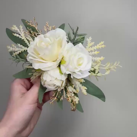 Ivory Cake Decoration Wedding Artificial Flowers Cream Champagne Gold Cake Flowers Topper Arrangement Off White Silk Flowers Sage Greenery