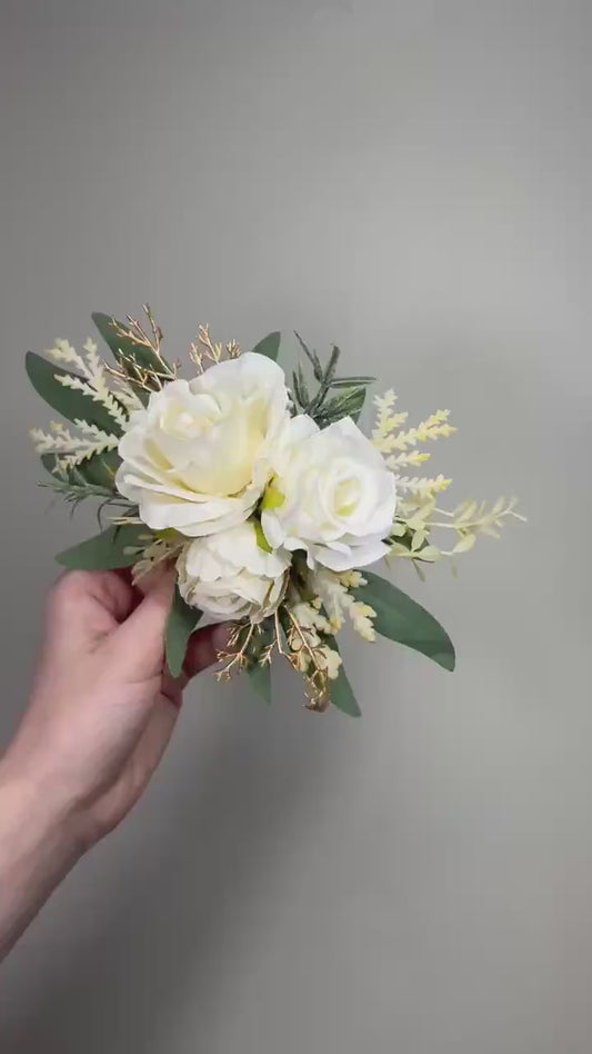 Ivory Cake Decoration Wedding Artificial Flowers Cream Champagne Gold Cake Flowers Topper Arrangement Off White Silk Flowers Sage Greenery