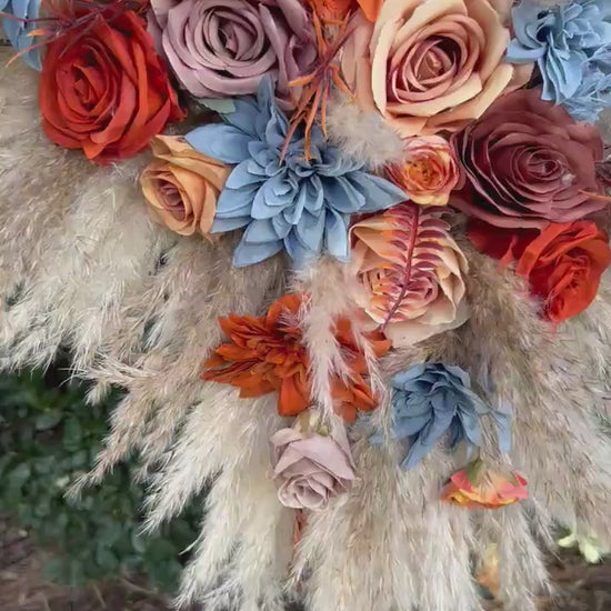 Orange Blue Arch Arrangement Wedding Boho Dusty Blue Rust Arbor Arrangement Terracotta Dusty Blue Arch Arrangement Brown Burnt Orange Pampas