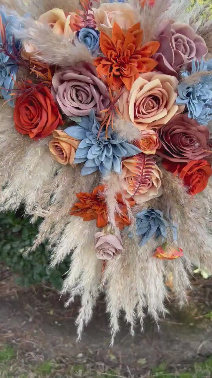 Orange Blue Arch Arrangement Wedding Boho Dusty Blue Rust Arbor Arrangement Terracotta Dusty Blue Arch Arrangement Brown Burnt Orange Pampas