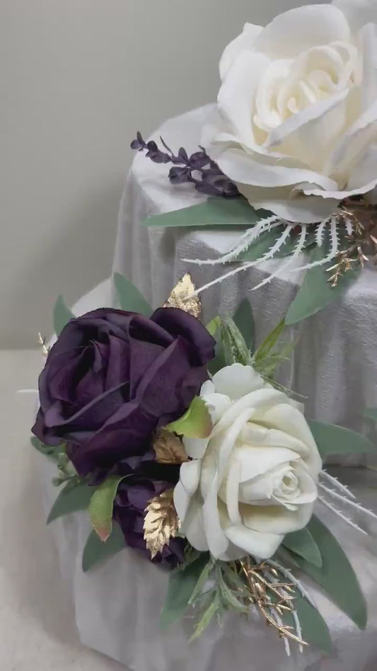 Plum Cake Decoration Wedding Cake Topper White Dark Purple Flower Cake Arrangement Plum White Cake Decor Plum Artificial Flower