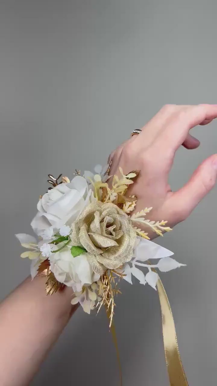 White Gold Corsage Wedding Champagne Bridesmaids Wrist Corsage Prom Ivory Beige Cream Rustic Mom Wristband Baby Breath Artificial Flowers