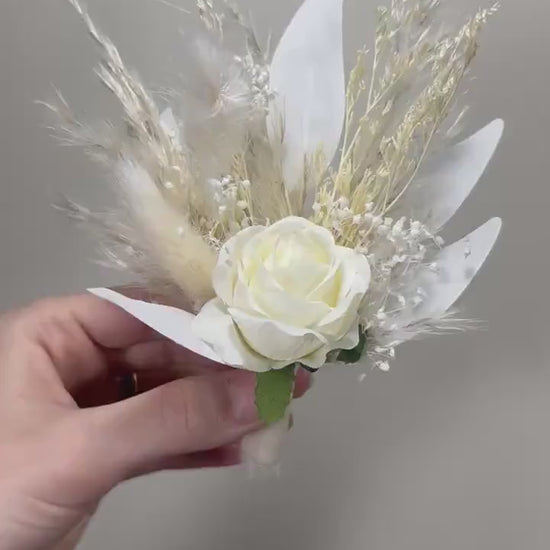 Wedding Boutonniere White Groom Boho Ivory Boutonnières Groomsmen White Dried Flowers Baby Breath Boutonnière Pampas Grass White Boutonniere