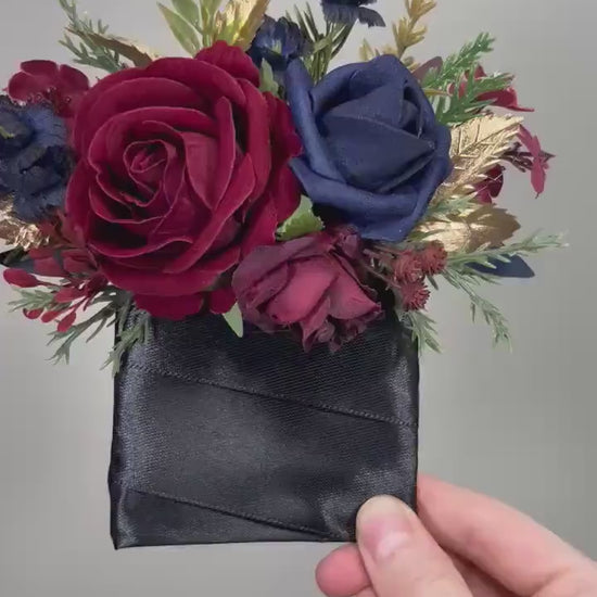 Burgundy Navy Blue Pocket Boutonnière Wedding Winter Square Boutonnière Groom Gold Wine Red Dark Blue Pine Tree Groomsmen Artificial Flower