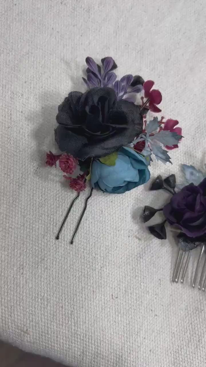 Black Hair Pin Wedding Burgundy Flower Girl Headpiece Gothic Floral Blue Purple Hair Pin Black Accessories Hair Pin Comb Artificial Flowers