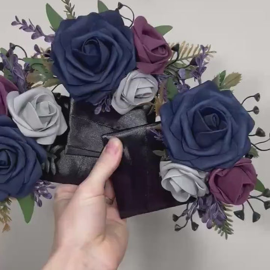 Navy Blue Plum Boutonniere Wedding Groom Pocket Boutonnière Blue Dark Purple Grey Groomsmen Square Boutonniere Navy Blue Artificial Flowers