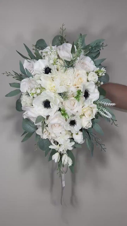 Wedding Cascade Bouquet White Anemone Bridal Cascading Bouquet Anemone Ivory Sage Anemone Bridesmaids Bouquet Eucalyptus Artificial Flower