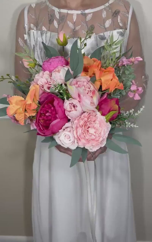 Wedding Pink Bouquet Wild Flower  Bridal Dusty Rose Bouquet Bridesmaids White Orange Eucalyptus Fuchsia Spring Peony Artificial Flower