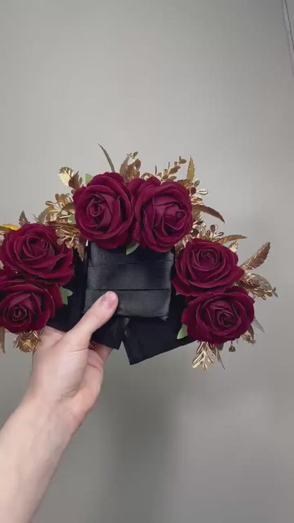 Burgundy Pocket Boutonniere Wedding Burgundy Gold Boutonniere Burgundy Groom Square Boutonnière Groomsmen Burgundy Gold Artificial Flower