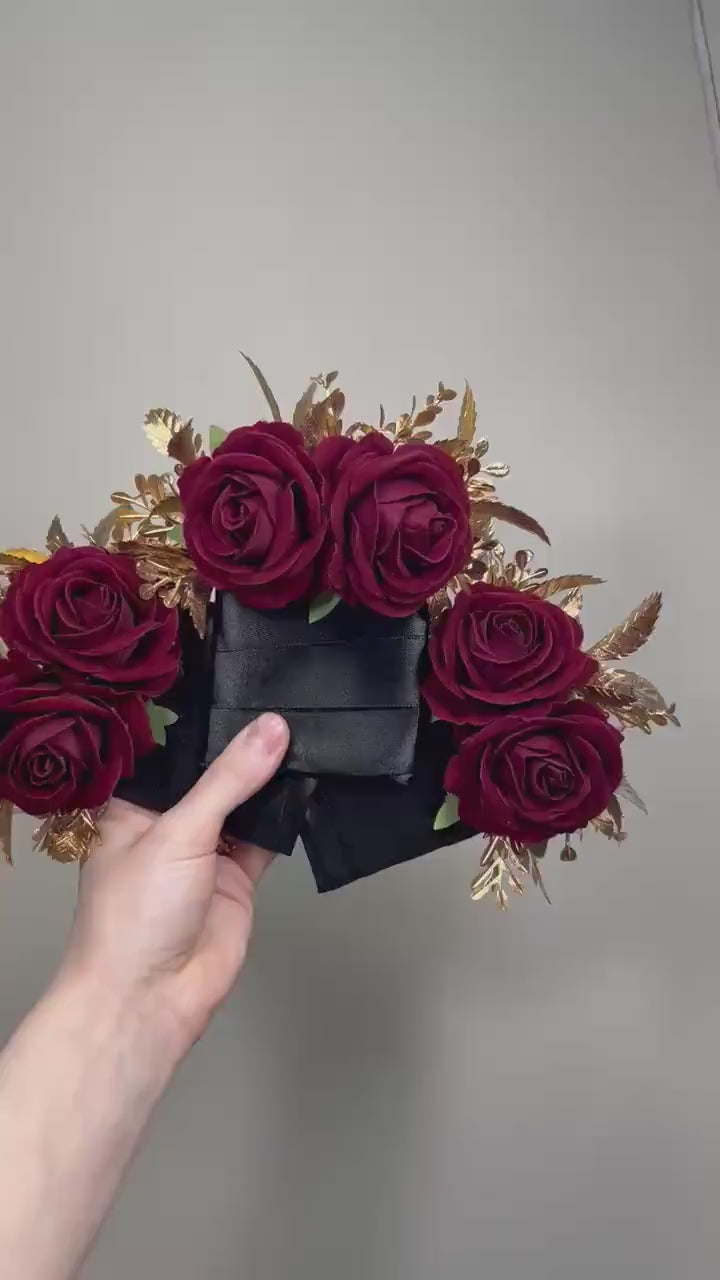 Burgundy Pocket Boutonniere Wedding Burgundy Gold Boutonniere Burgundy Groom Square Boutonnière Groomsmen Burgundy Gold Artificial Flower