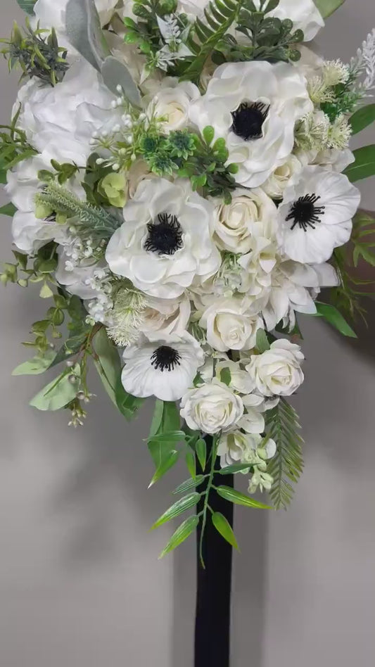 Wedding Bouquet Cascade Anemone White Cascading Bridal Wedding Anemone Bouquet Ivory Bridemaids Bouquet Eucalyptus Artificial Flower