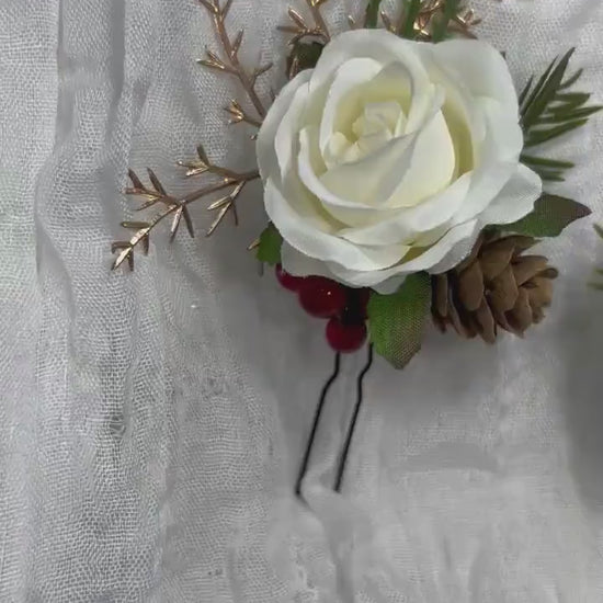 White Hair Pin Wedding Christmas Flower Girl Headpiece White Floral Bridesmaids Hair Pin Pine Cone Accessories Gold Artificial Flowers