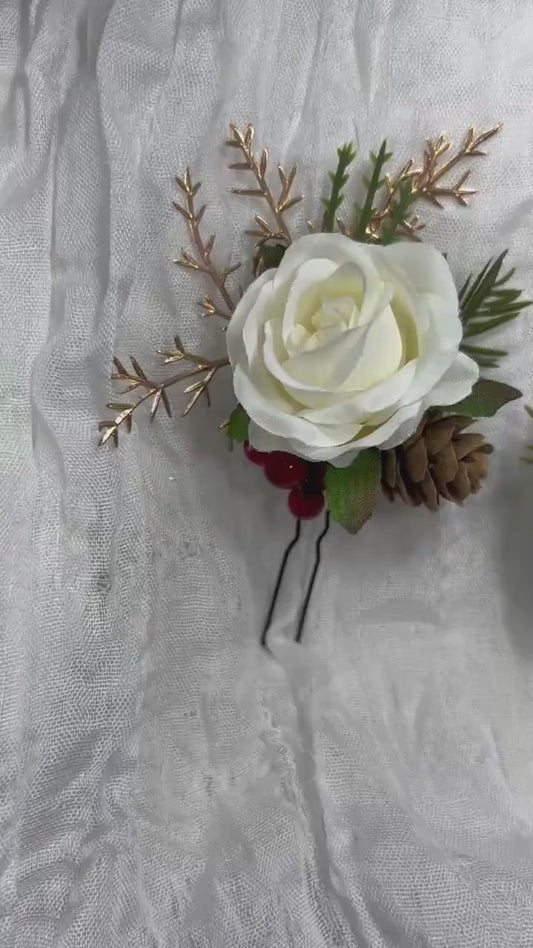 White Hair Pin Wedding Christmas Flower Girl Headpiece White Floral Bridesmaids Hair Pin Pine Cone Accessories Gold Artificial Flowers