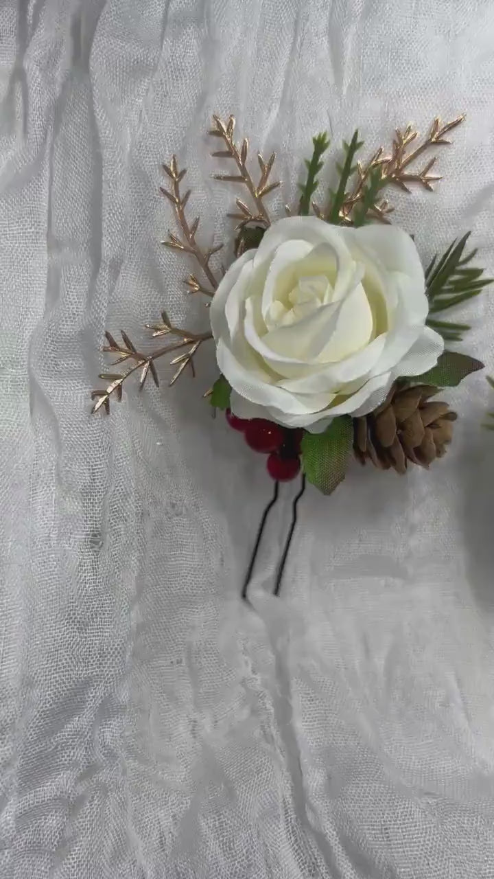 White Hair Pin Wedding Christmas Flower Girl Headpiece White Floral Bridesmaids Hair Pin Pine Cone Accessories Gold Artificial Flowers