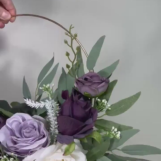 Lavender Hoop Wedding Flower Girl Plum White Hoop Flower Alternative Bouquet Dark Purple Ivory Bridesmaids Hoop Eucalyptus Artificial Flower