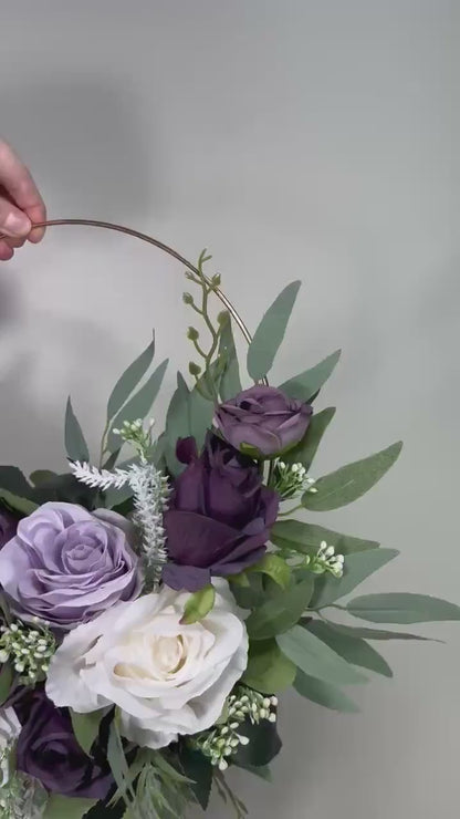 Lavender Hoop Wedding Flower Girl Plum White Hoop Flower Alternative Bouquet Dark Purple Ivory Bridesmaids Hoop Eucalyptus Artificial Flower