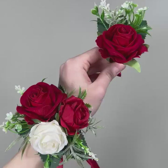 Red Corsage Wedding Corsage Wrist White Red Corsage Bridesmaids Wedding Corsage Red Ivory Mom Wrist Red Rose Corsage Prom Artificial Flower