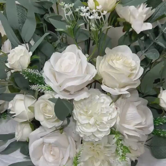 Wedding Aisle Marker Flower Floor Arrangement Whiskey Barrel Décor White Ground Arch IvoryDusty Rose Floor Eucalyptus