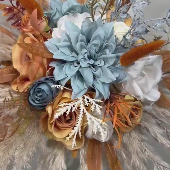 Orange Blue Dusty Bouquet Wedding Boho Terracotta Dusty Blue Bridal Bouquet Burnt Orange Blue Bridesmaids Bouquet Rust Pampas Grass