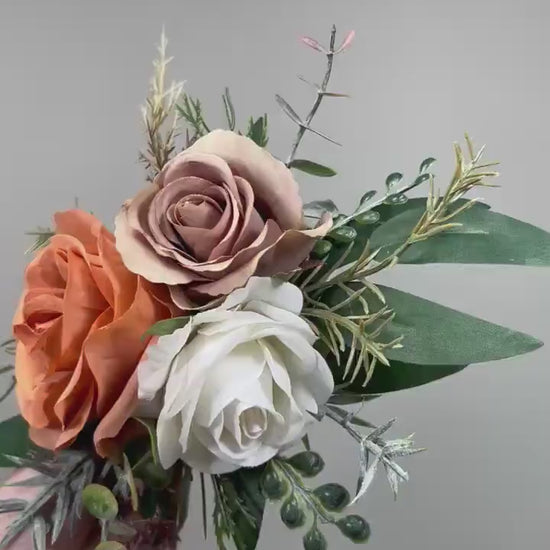 Terracotta Taupe Cake Decor Wedding Artificial Flowers Burnt Orange Soft Brown White Cake Arrangements Sand Beige Ivory Eucalyptus