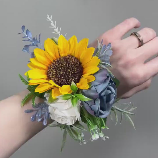 Sunflower Corsage Wedding Dusty Blue Sunflower Wrist Corsage Mom Yellow Sunflower Corsages Blue Sunflower Fall Baby Breath White Corsage