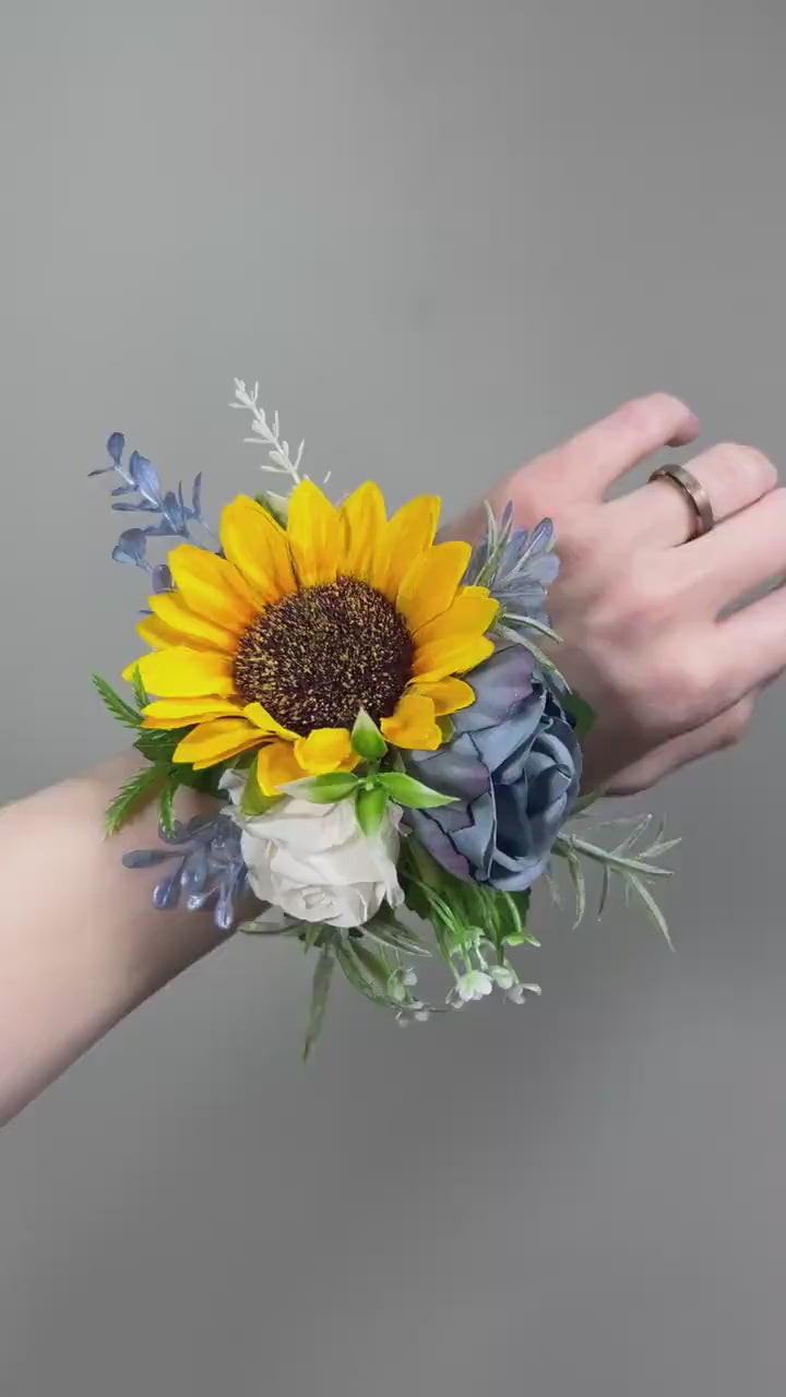 Sunflower Corsage Wedding Dusty Blue Sunflower Wrist Corsage Mom Yellow Sunflower Corsages Blue Sunflower Fall Baby Breath White Corsage