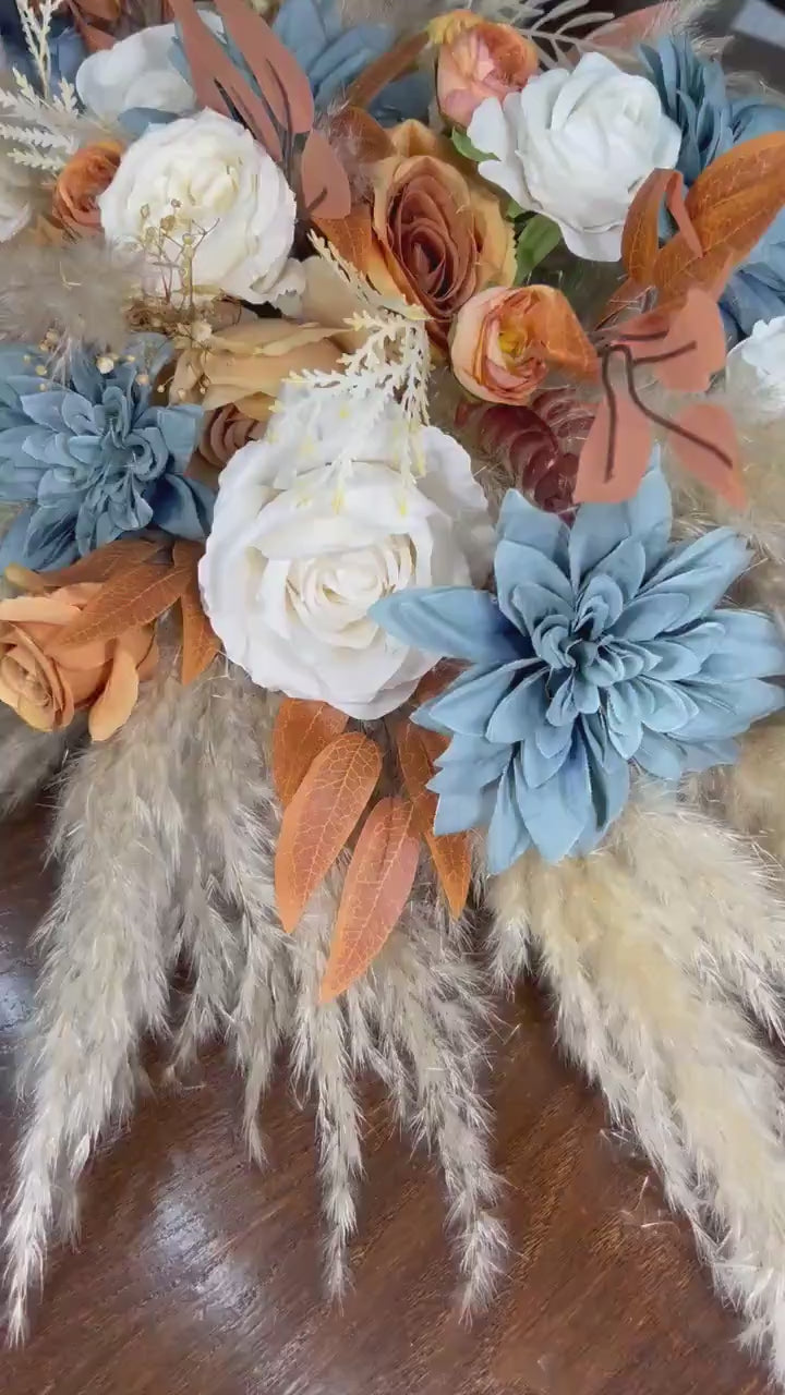 Wedding Sweetheart Dusty Blue Terracotta White Burnt Orange Centerpiece Boho Table Decor Blue Rust Pampas Grass Table Centerpiece Orange