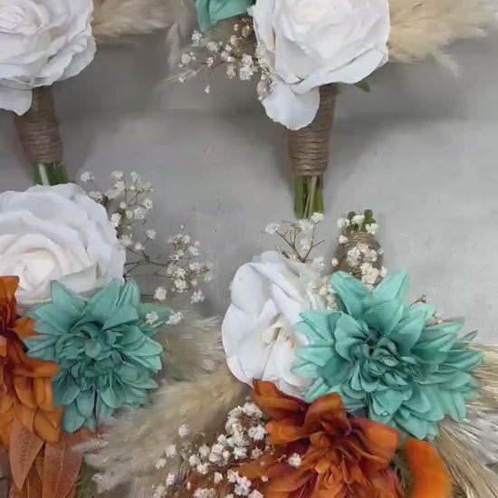 Turquoise Burnt Orange Bouquet Petite Bridesmaids Small Boho Teal Blue Terracotta Bouquet Pampas Grass White Rust Artificial Flowers
