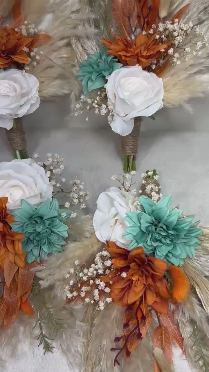 Turquoise Burnt Orange Bouquet Petite Bridesmaids Small Boho Teal Blue Terracotta Bouquet Pampas Grass White Rust Artificial Flowers