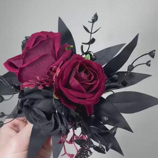 Black Cake Decor Wedding Topper Burgundy Black Decor Flower Cake Arrangement Black Gothic Cake Decoration Burgundy Artificial Flower