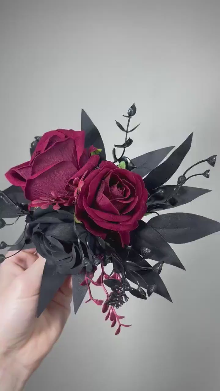 Black Cake Decor Wedding Topper Burgundy Black Decor Flower Cake Arrangement Black Gothic Cake Decoration Burgundy Artificial Flower