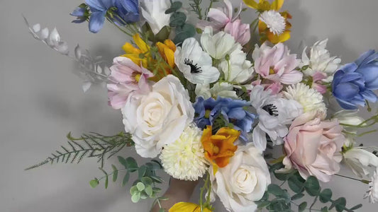 Wedding Bouquet Wild Flower Bridal White Bouquet Pink Blush Dusty Blue Bridesmaids Bouquet Poppy Spring Summer Anemone Artificial Flower