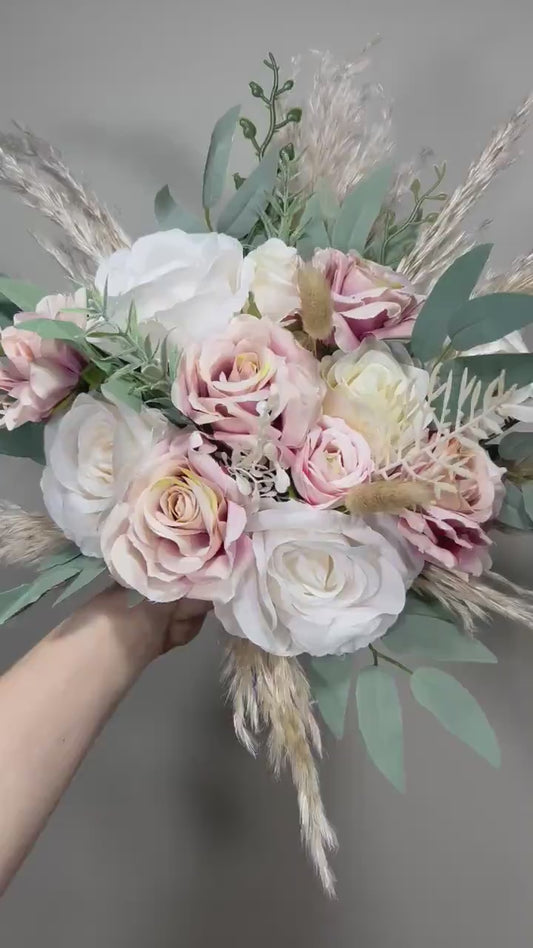Wedding Dusty Rose Bouquet Bridal White Boho Dusty Rose Bouquet Pampas Grass Bridesmaids Bouquet Pink Greenery Ivory Mauve Artificial