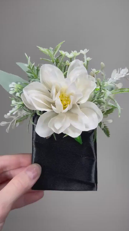 White Pocket Boutonniere Wedding Dahlia Groom Boutonnière Ivory Square Groomsmen Pocket Boutonniere Wedding Dahlia Rustic Artificial Flowers