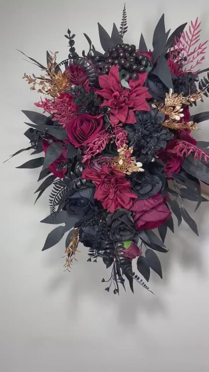 Black Bouquet Cascade Burgundy Bridal Gothic Halloween Cascading Bouquet Black Decor Burgundy Gold Artificial Flower Bridesmaids Black