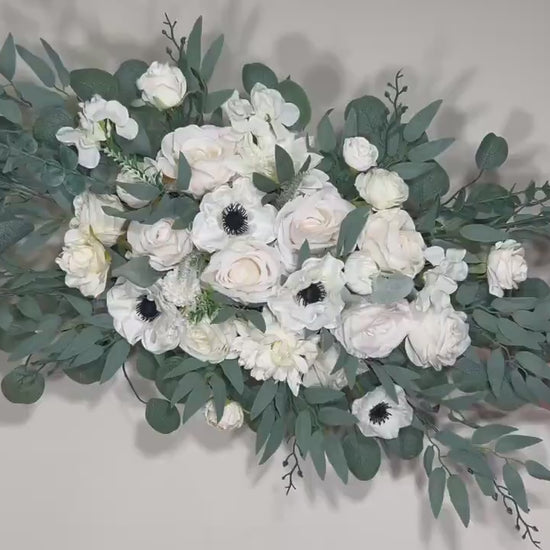 Wedding Corner Arch Arrangement White Corner Anemone Arch Arrangement Ivory Black White Anemone Artificial Flower Eucalyptus Sage Swag Arch