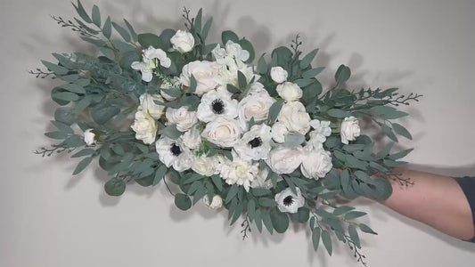 Wedding Corner Arch Arrangement White Corner Anemone Arch Arrangement Ivory Black White Anemone Artificial Flower Eucalyptus Sage Swag Arch