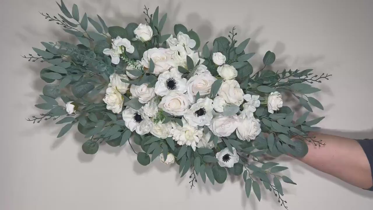 Wedding Corner Arch Arrangement White Corner Anemone Arch Arrangement Ivory Black White Anemone Artificial Flower Eucalyptus Sage Swag Arch