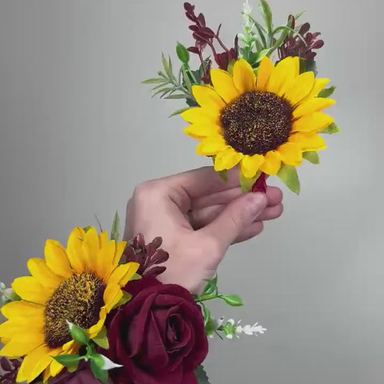 Sunflower Boutonniere Burgundy Wedding Sunflowers Boutonnière Groom Maroon Sunflower Groomamen Boutonniere Prom Yellow Sunflower Artificial