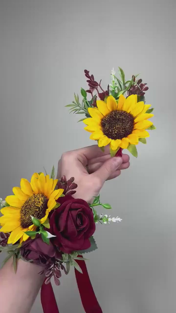 Sunflower Boutonniere Burgundy Wedding Sunflowers Boutonnière Groom Maroon Sunflower Groomamen Boutonniere Prom Yellow Sunflower Artificial