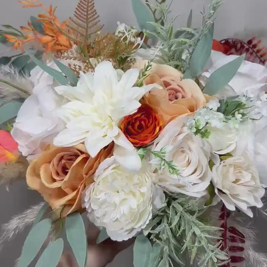 Orange White Bouquet Wedding Bridal Terracotta Boquet Rust Burnt Orange Bridesmaids Ivory Bouquet Pampas Grass Eucalyptus Orange White