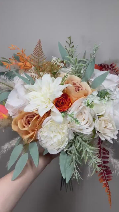 Orange White Bouquet Wedding Bridal Terracotta Boquet Rust Burnt Orange Bridesmaids Ivory Bouquet Pampas Grass Eucalyptus Orange White