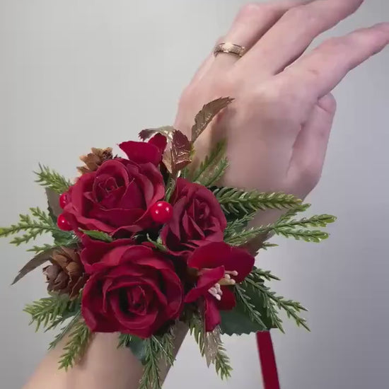 Christmas Red Wrist Corsage, Dark Red Rose Gold Holiday Corsage, Winter Wedding Flowers, Pinecone Evergreen Wrist Flower Artificial